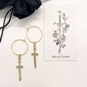 Medium 14k Gold Drop Hoop Earrings with Excalibur Sword Pendants